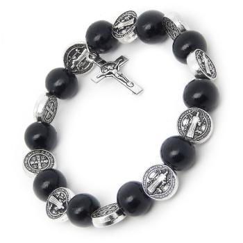 Black Wood Rosary Bracelet on elastic -  St. Benedict beads