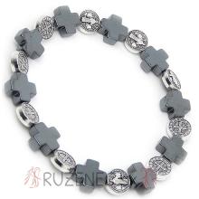 Hematite Rosary Bracelet on elastic Cross +  St. Benedict beads