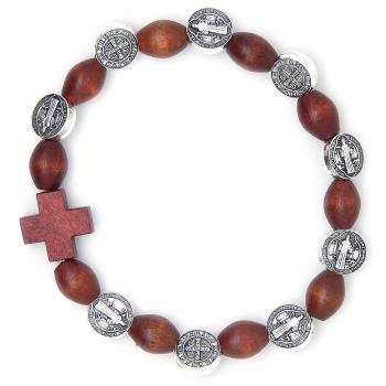 Brown wood Rosary Bracelet on elastic -  St. Benedict beads