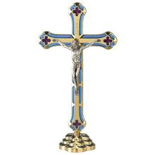 Tűzzománcozott talpas fémkereszt 20cm - világoskék
