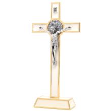 Metallic cross 21cm - St. Benedict - white