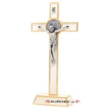 Kovový kríž na podstavci 21cm - Sv. Benedikt - biely