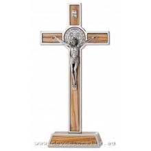Kovový kříž na podstavci 20.5cm - Sv. Benedikt - olivové dřevo