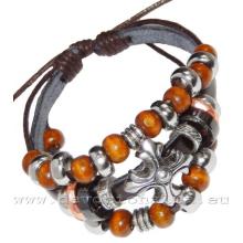 Christian Leather Bracelet -  with wooden beads