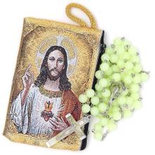 Gewebte Etui mit Rosenkranz - Göttliche Herz Jesu