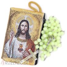 Gewebte Etui mit Rosenkranz - Göttliche Herz Jesu