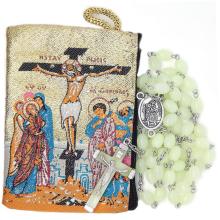 Gewebte Etui mit Rosenkranz - Kreuzigung Jesu