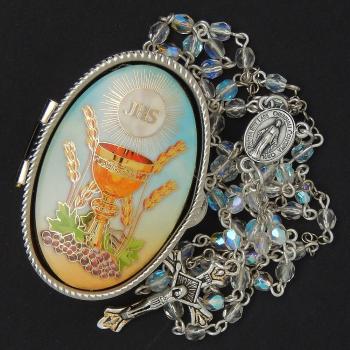 Ruženec  v kovovej krabici - na prvé sväté prijímanie - IHS