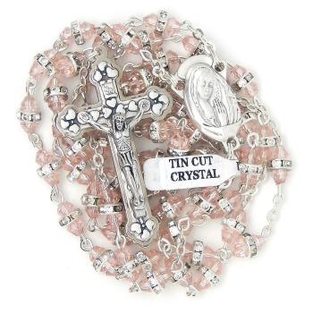 Rosary - 6x8mm pink semi-crystal with white rhinestones