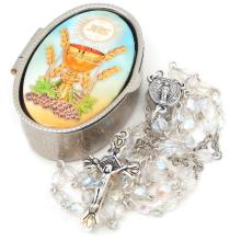 Ruženec  v kovovej krabici - na prvé sväté prijímanie - IHS