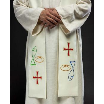 Štola bílá s výšivkou - ryby + chléb