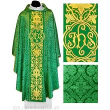 Chasuble green - embroidery IHS + flowers